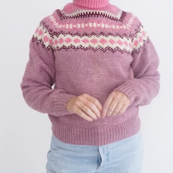 Hand Knit Pink Purple Winter Fisherman Fair Isle Turtleneck Wool Sweater S - Picture 2 of 11